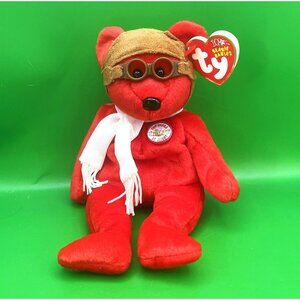 Ty Beanie Baby BEARON Bear Red Pilot Aviator 2003 Wright Brothers MWMT Plush Toy